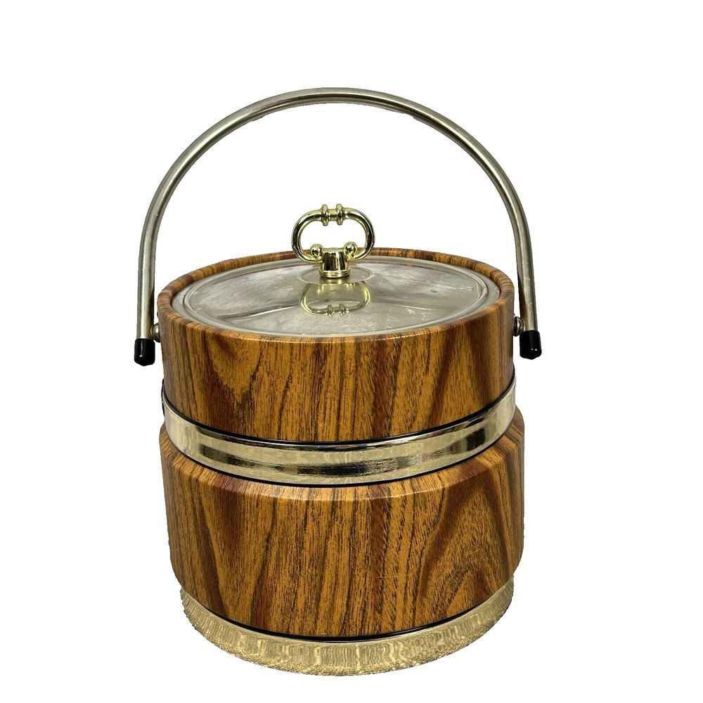 Vintage Ice Bucket‎ Faux Wood Insulated Barware Goldtone Banded Handle Pail